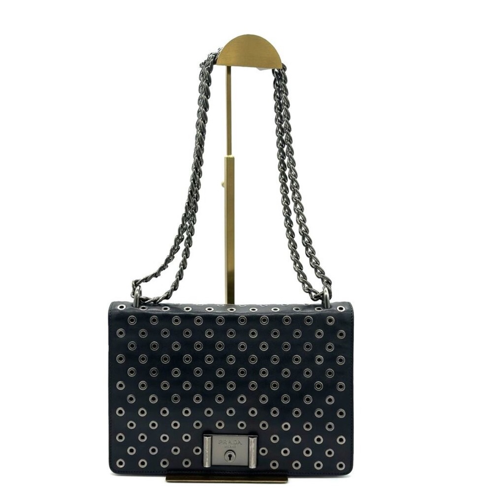 Prada Black Leather Grommet Flap Shoulder Bag*EXCELLENT w/COA Dustbag